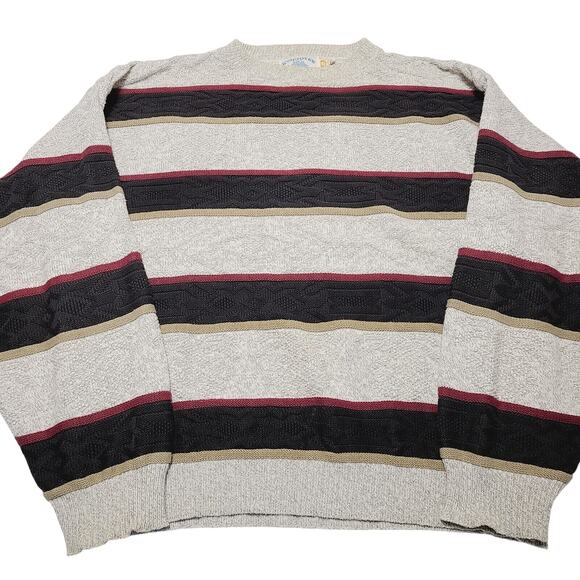 VINTAGE HAMPTON BAY Sweater Mens Large Beige Striped Grandpa Made In USA 90's - Picture 1 of 7
